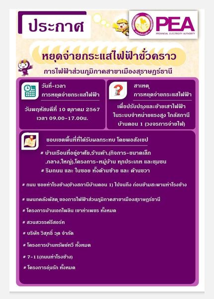 การไฟฟ้าส่วนภูมิภาคสาขาเมืองสุราษฎร์ธานี หยุดจ่ายกระแสไฟฟ้าช ... รูปภาพ 1