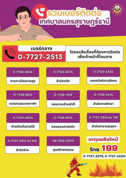 รวมเบอร์ติดต่อเทศบาลนครสุราษฎร์ธานี เพื่อบริการให้ข้อมูลแก่ป ... Image 1