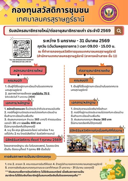 กองทุนสวัสดิการชุมชนเทศบาลนครสุราษฎร์ธานี เปิดรับสมัครสมาชิก ... รูปภาพ 1