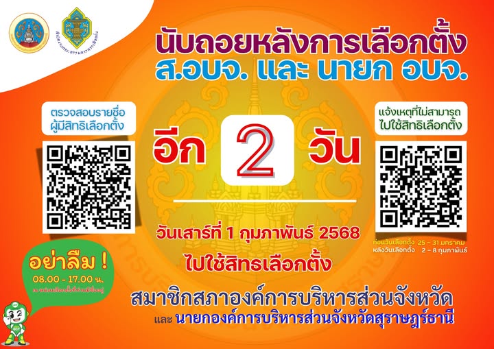 ชาวจังหวัดสุราษฎร์ธานี ผู้มีสิทธิเลือกตั้งทุกท่าน เหลือเวลาอ ... Image 1