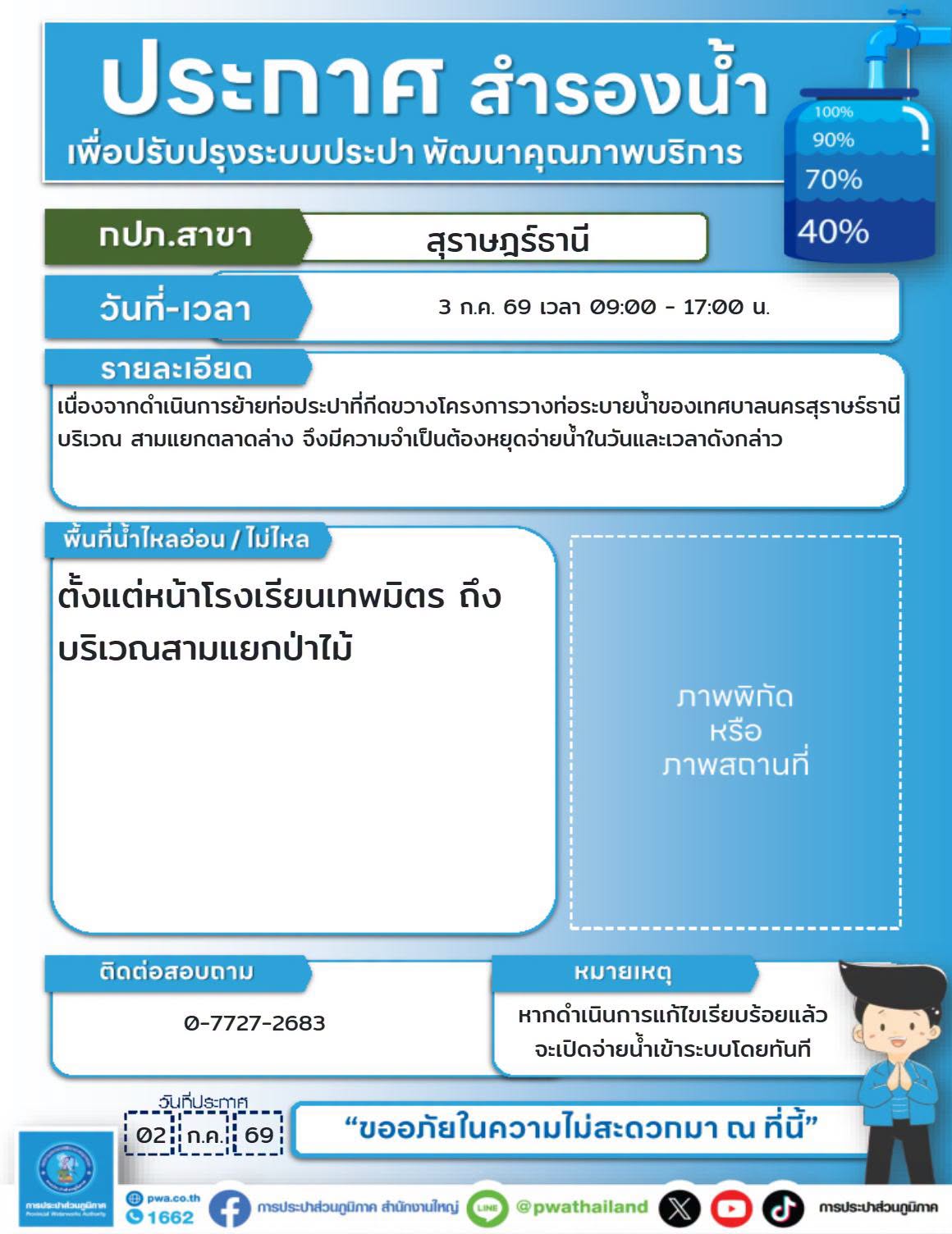 ประกาศสำรองน้ำประปา เพื่อปรับปรุงระบบประปา ในวันศุกร์ที่ 3 ก ... รูปภาพ 1