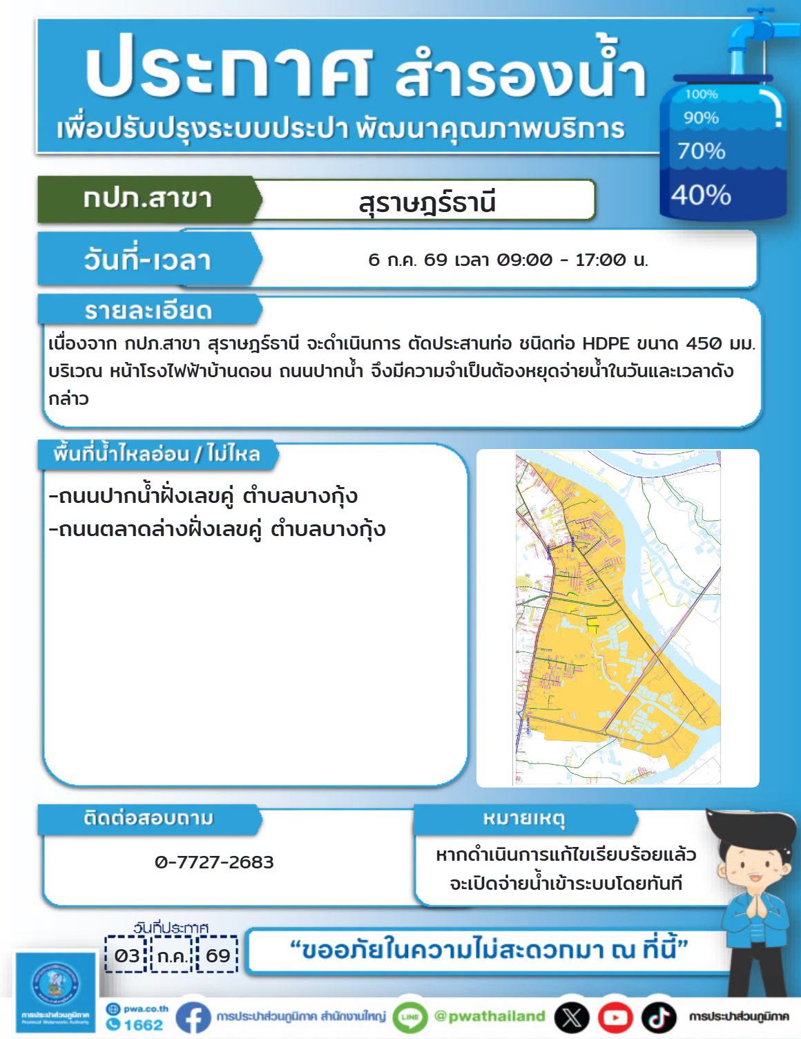 ประกาศสำรองน้ำประปา กปภ.สาขาสุราษฎร์ธานี(พ) รูปภาพ 1