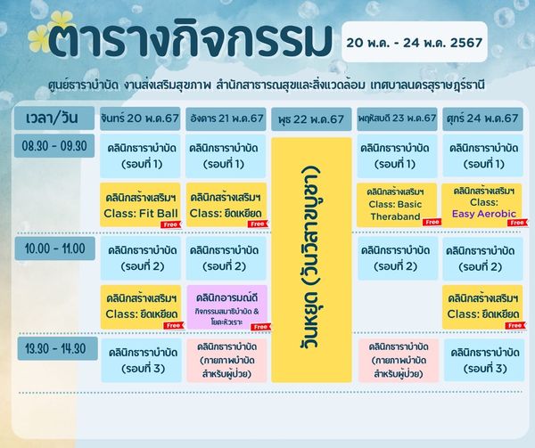 ตารางกิจกรรมการให้บริการศูนย์ธาราบำบัด ประจำวันที่ 20 - 24 พ ... Image 1