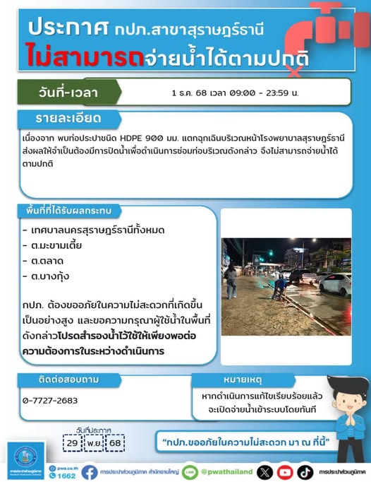 ประกาศ!!! แจ้งเหตุพบท่อประปาแตกฉุกเฉิน และมีความจำเป็นในการห ... Image 1