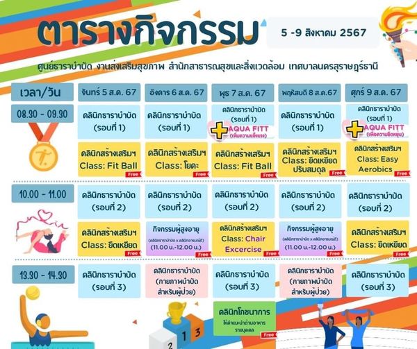 ตารางกิจกรรมการให้บริการศูนย์ธาราบำบัด ประจำวันที่ 5-9 ส.ค.  ... Image 1