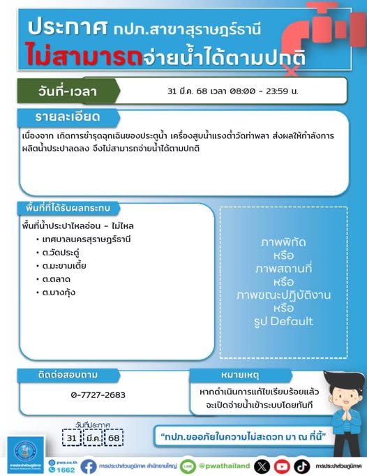 ประกาศเหตุฉุกเฉิน (ไม่สามารถจ่ายน้ำได้ตามปกติ) ในวันจันทร์ที ... รูปภาพ 1